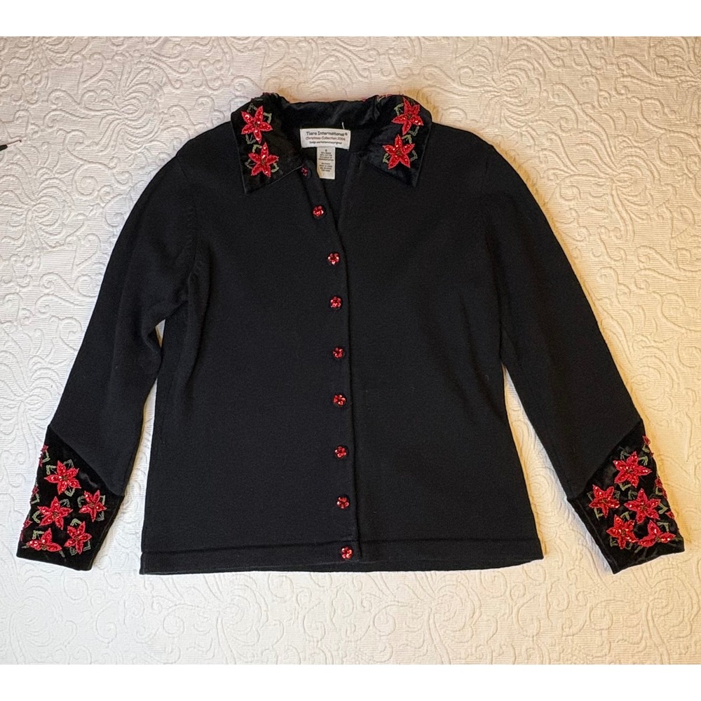 Tiara VTG‎ Christmas Collection '04 Black Poinsettia Cardigan Sweater Women S/M